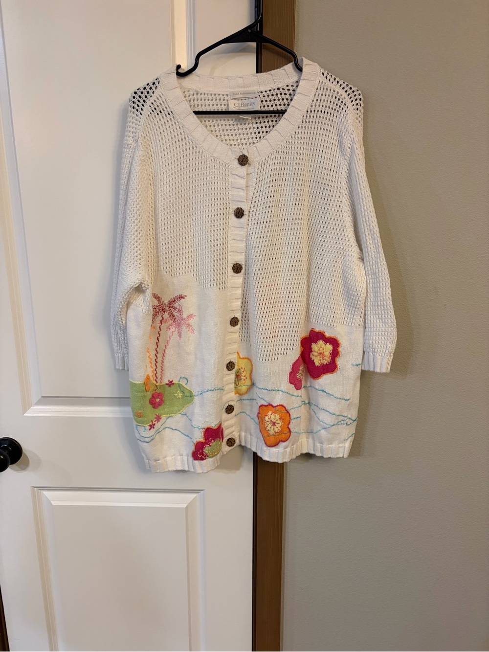 Women’s C.J. Banks White Coastal Hand Embroided Hawaiian Flower Cardigan Size 3X - Picture 2 of 7